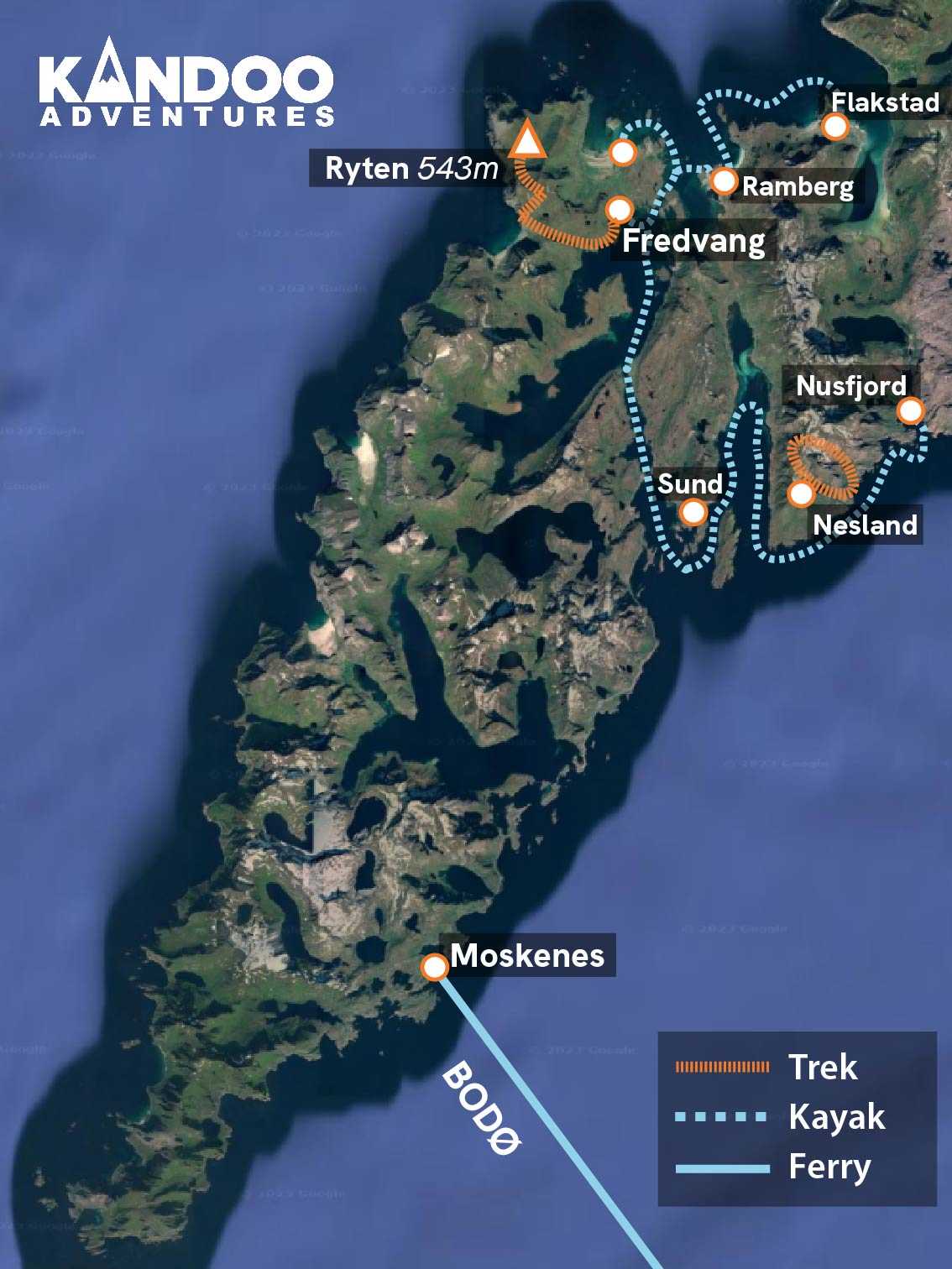 Kayaking and hiking in the Lofoten Islands map