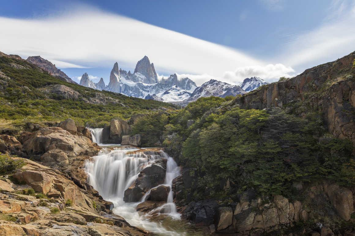 A view of the Fitz Roy cascades at sunrise on the Arroyo del Salto near the Fitz Roy trail in Los Glaciares National Park above El Chalten