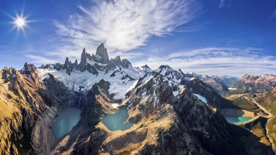 Aerial View Mount Fitz Roy with Laguna de los Tres, Laguna Sucia and Laguna Capri