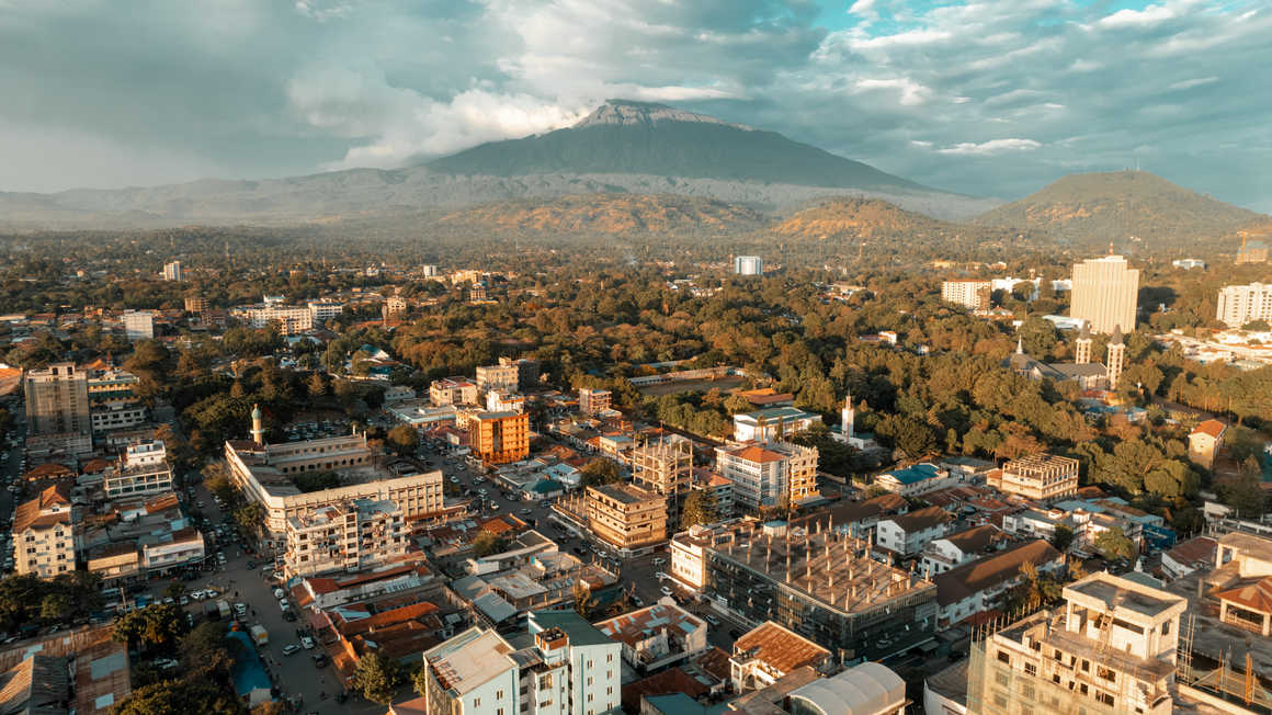 Aerial view of Arusha in front of Mount Meru