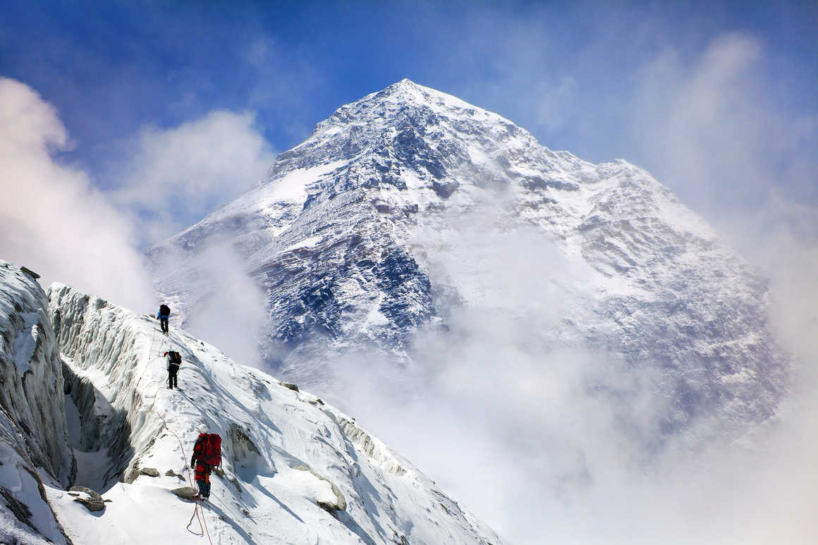 Climbers ascending Mount Everest