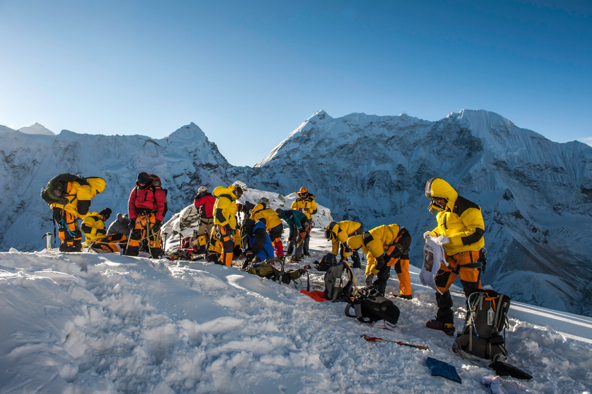 Group of climbers at EBC with kit