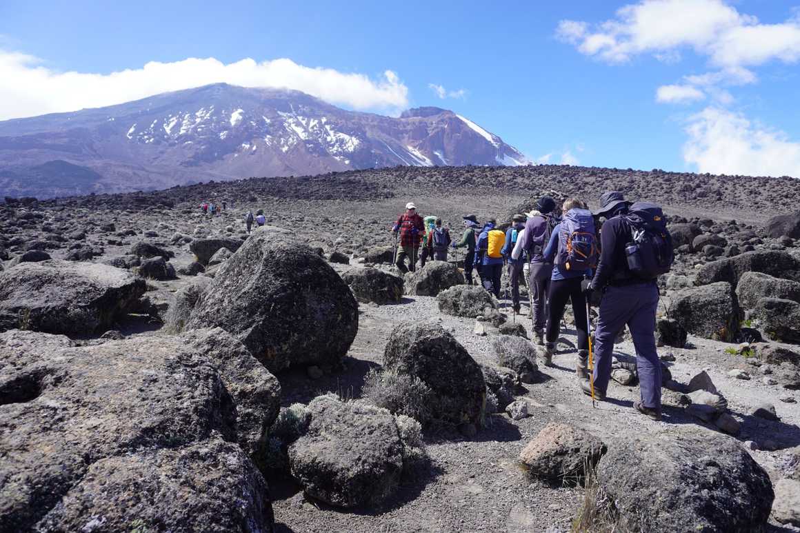 Group of hikers on rocky slopes of Kilimanjaro
