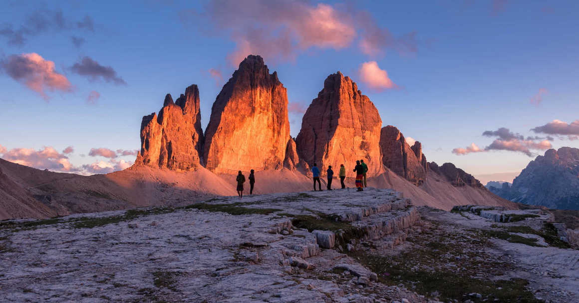 Hikers at Tre Cime di Lavaredo in the Dolomites, Italy