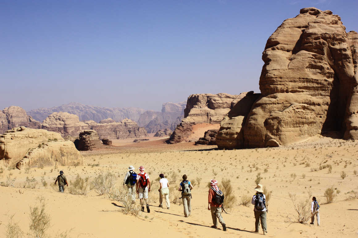 Hikers in the Wadi Rum desert