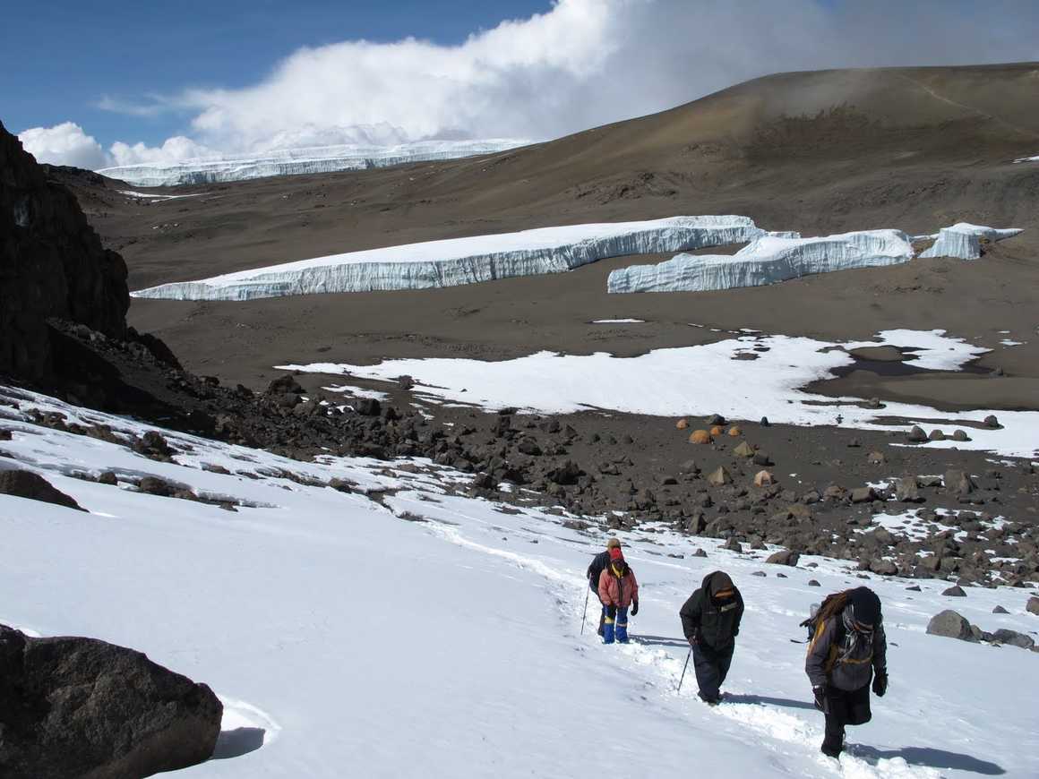 Hikers leaving the Crater Camp