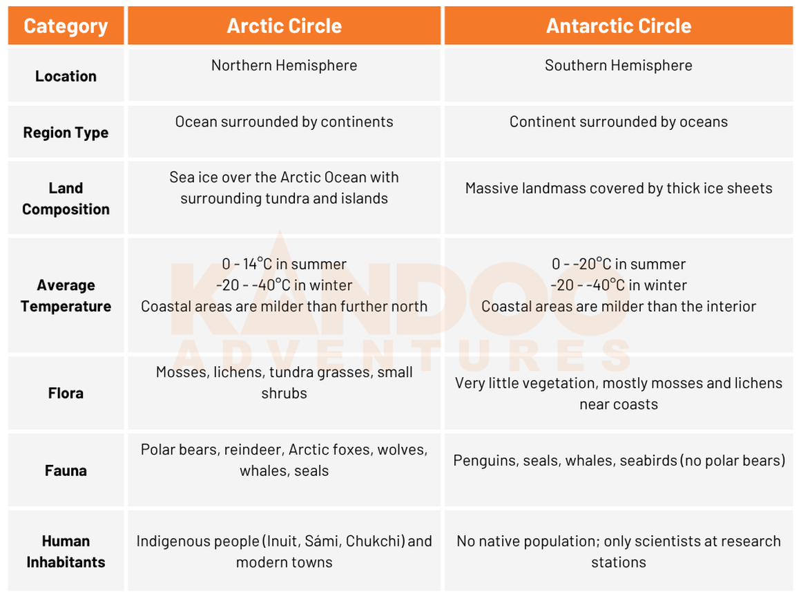 Infographic showing the differences between the Arctic and Antarctic Circles