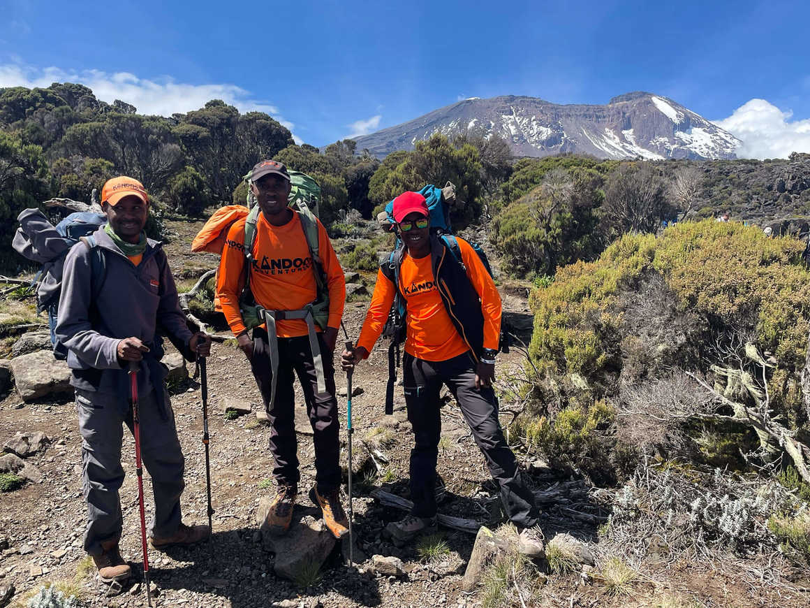 Kandoo Adventures guides on the way to Shira Cave Camp on Kilimanjaro