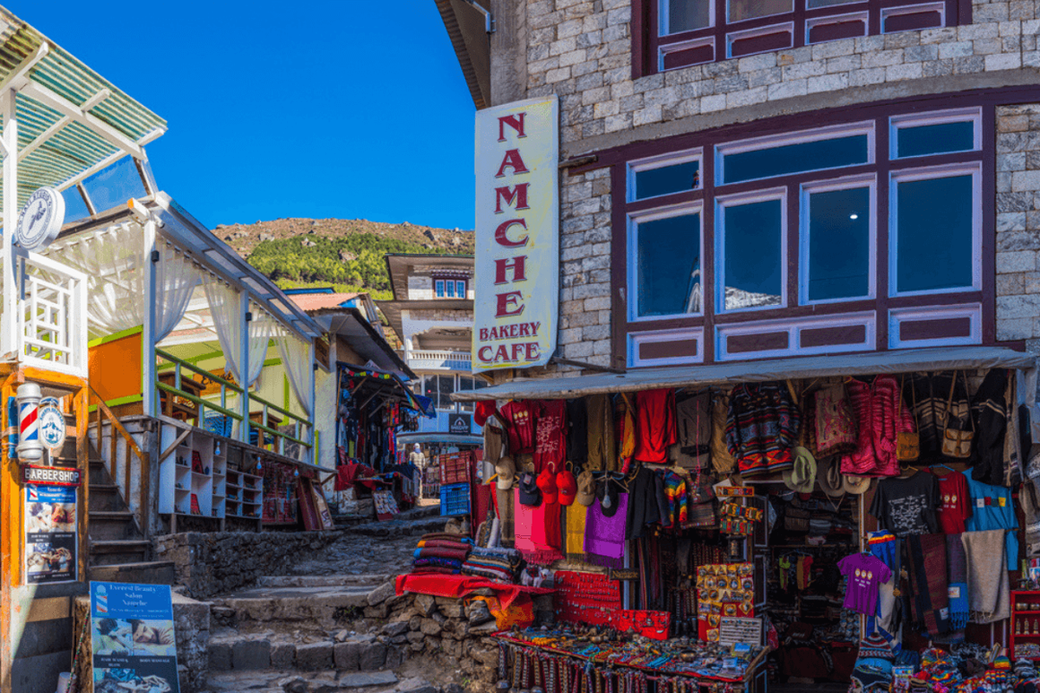 Namche Bazaar in Nepal - street view of marlet stalls