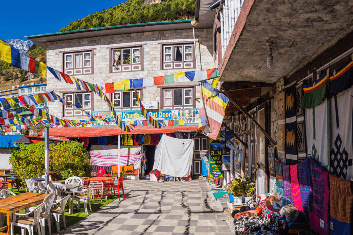 Namche Bazaar in Nepal - street view of marlet stalls