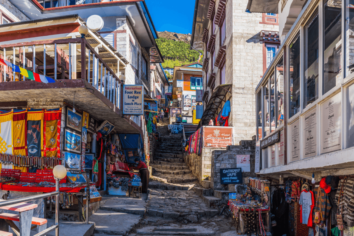 Namche Bazaar in Nepal - street view of marlet stalls