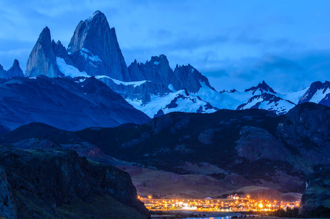 Patagonian village at the foot of El Chalten iconic mountains