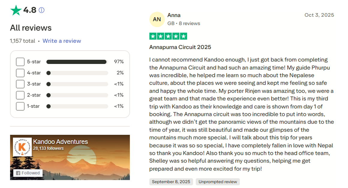 Screenshot of a review about Annapurna praising Kandoo for their safety management