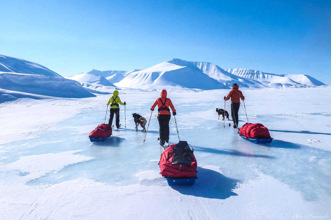 Ski Pulka on ice floe in Svalbard