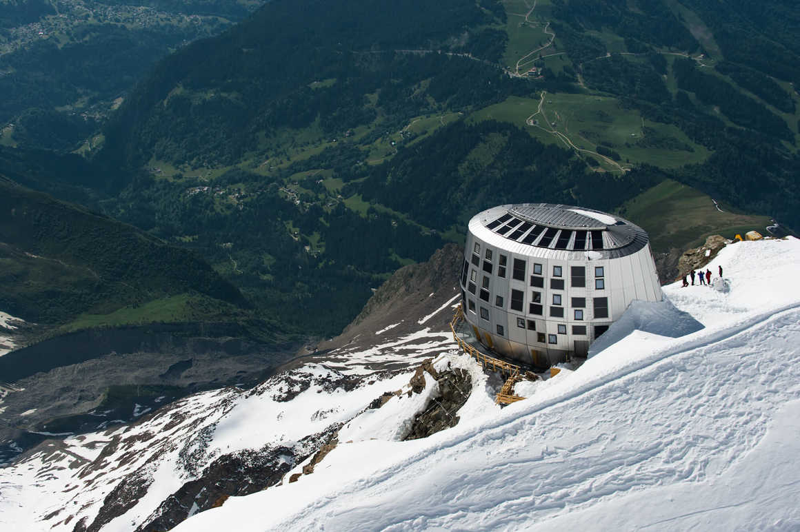 The Gouter Hut refuge on the side of Mont Blanc