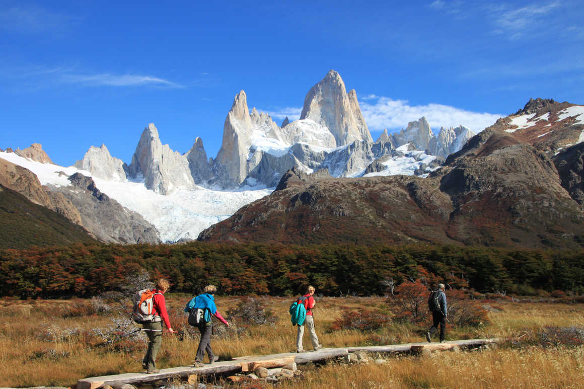 Trek in El Chalten, with the Fitz Roy mountains in the background