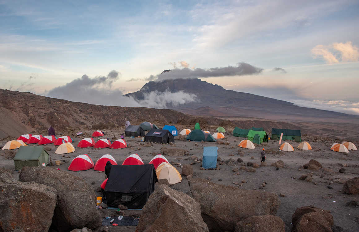 View down to Mawenzi peak on Kilimanjaro from Upper Barafu Camp