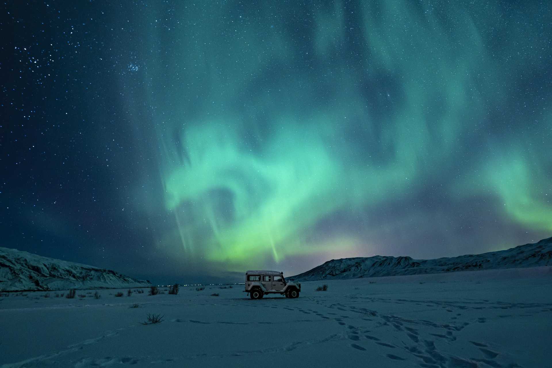 Aurora borealis on the road in Iceland