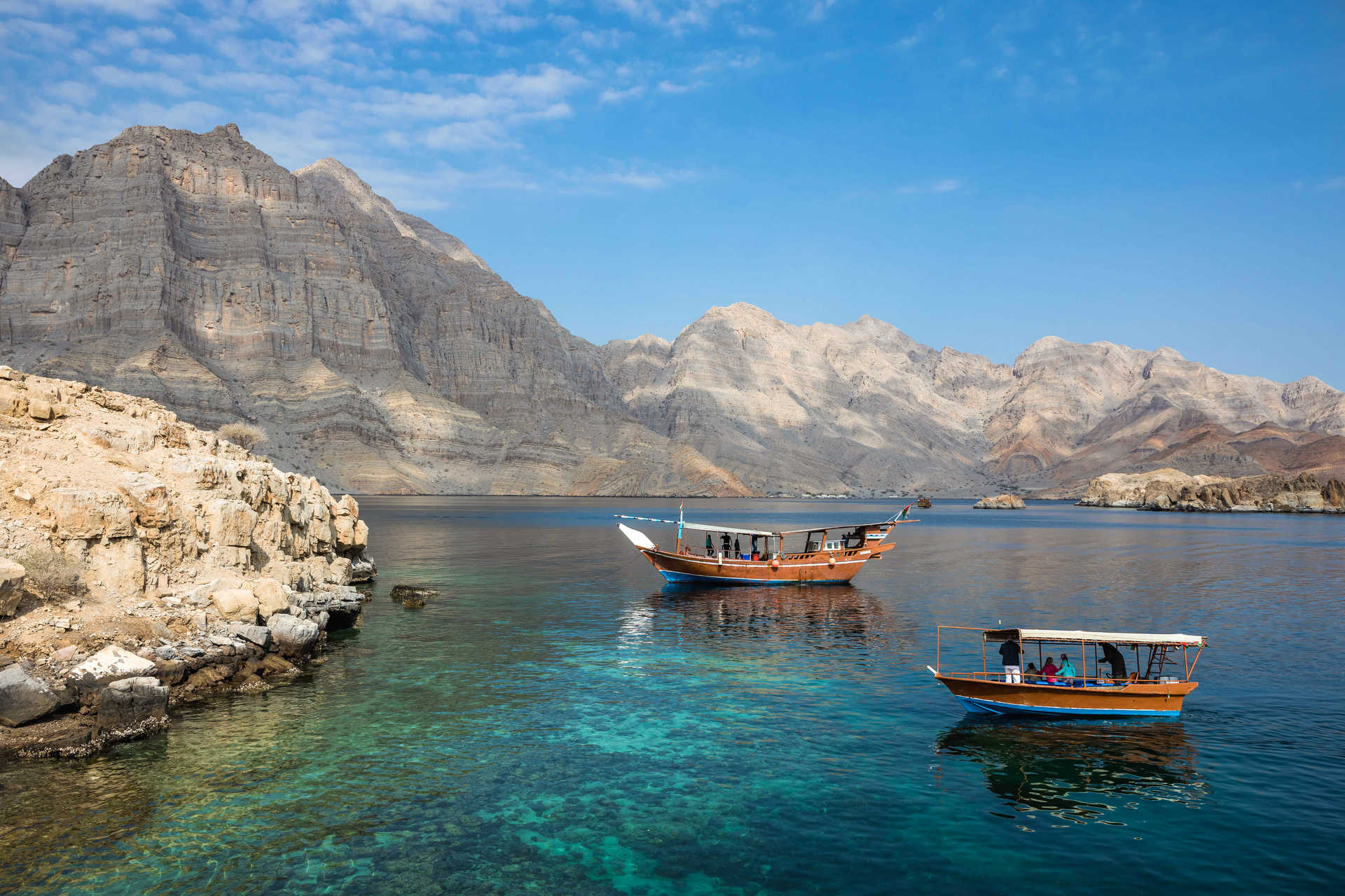 Boat in arabic fjord in Musandam fjord