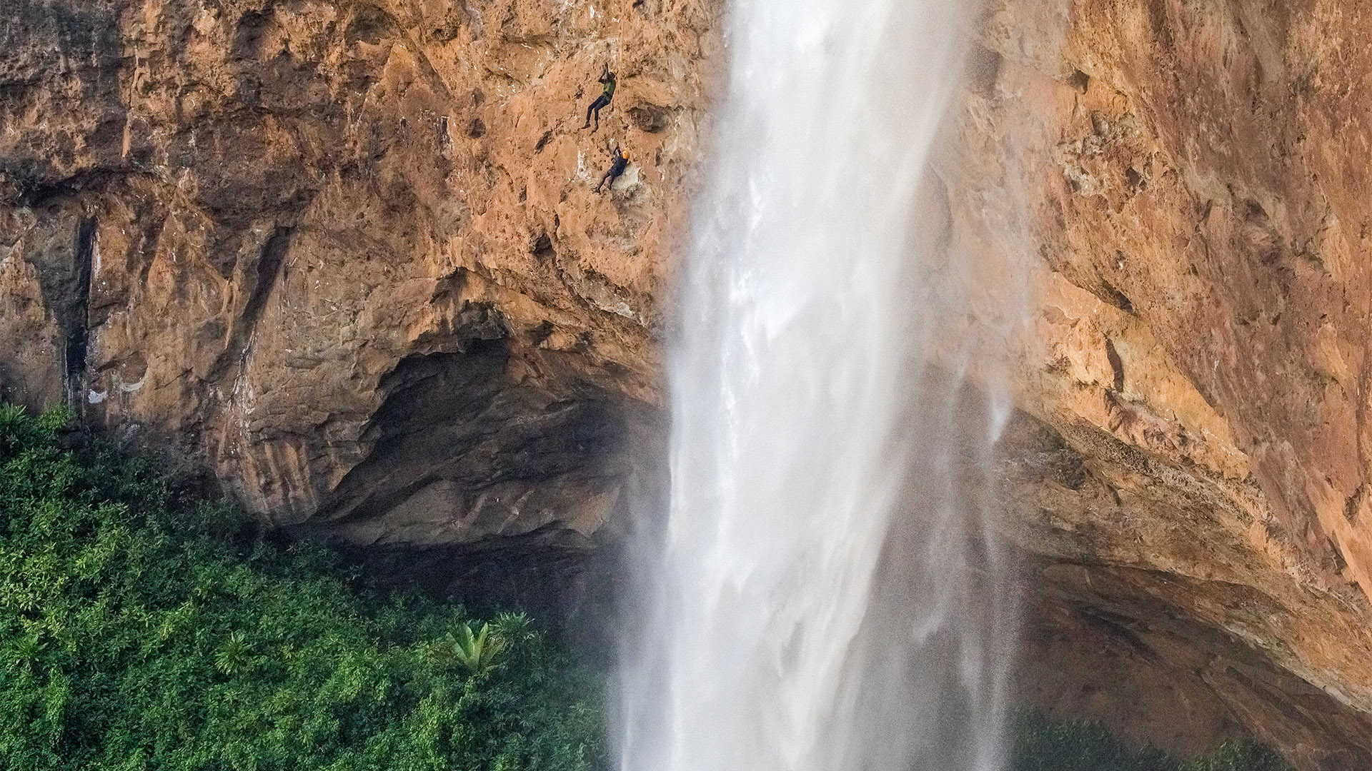 Close up of the waterfall at Sipi Falls in Uganda