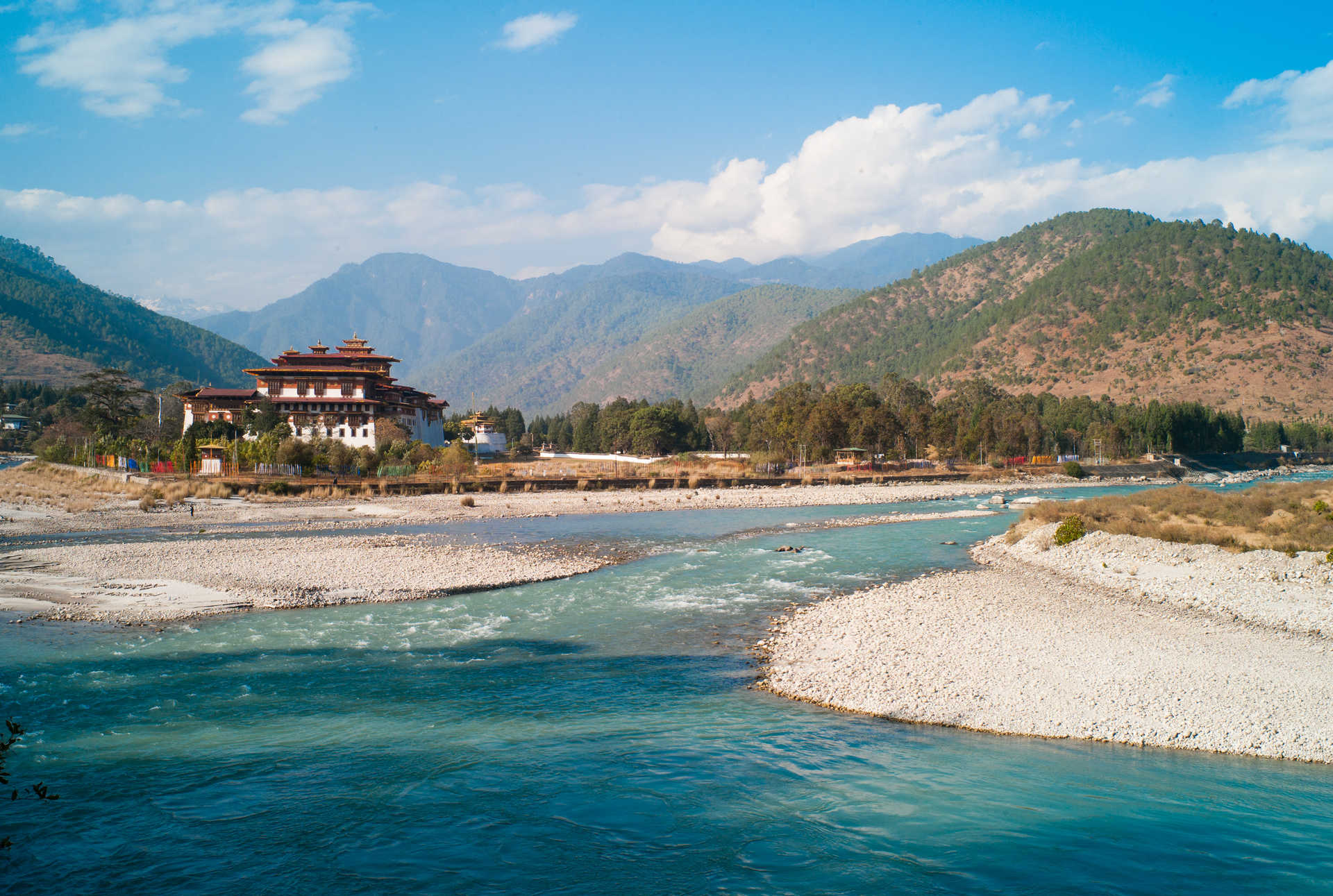Temple overlooking the river in Punakha, Bhutan