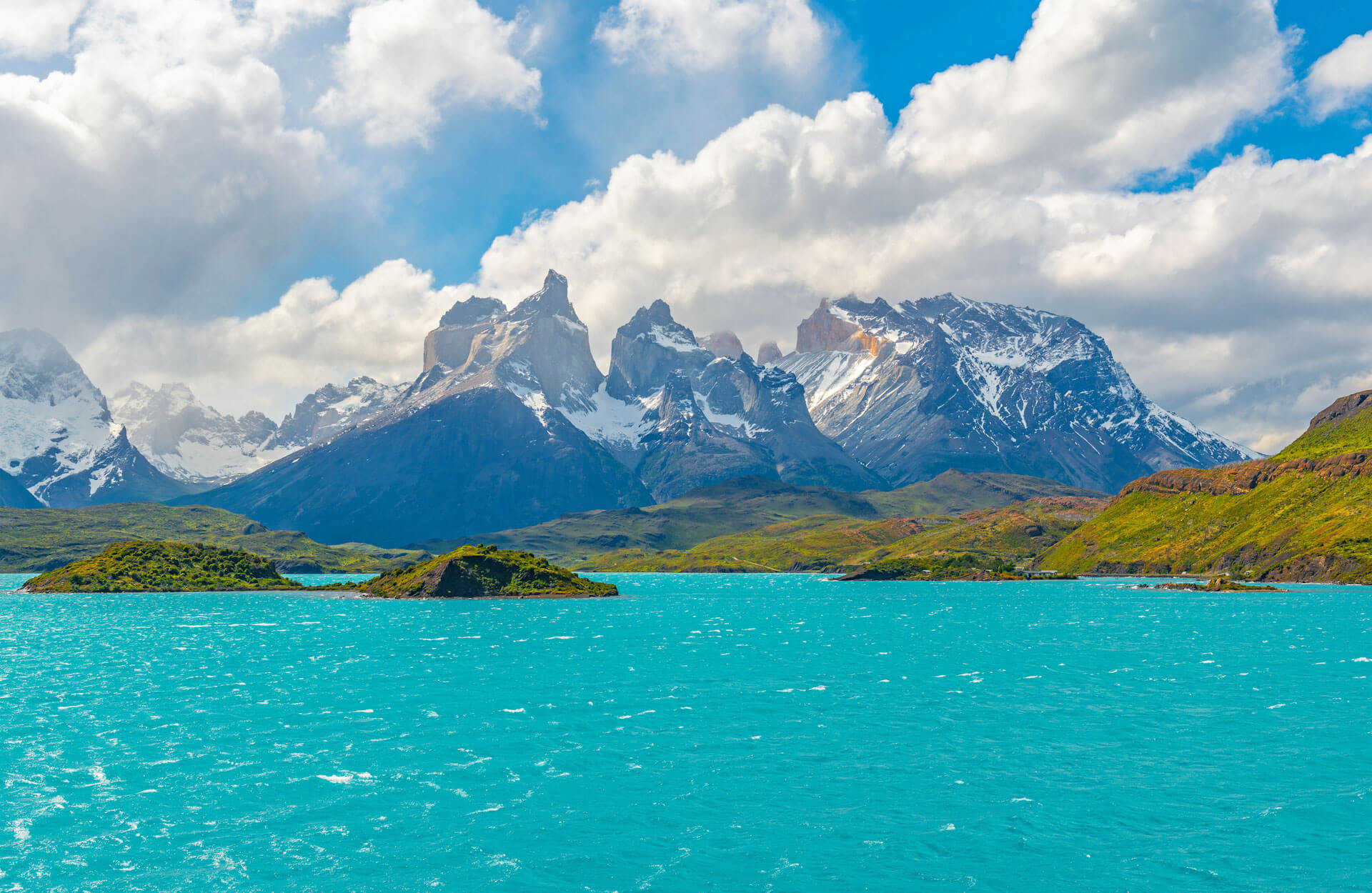 The turquoise colors of lake Pehoe with the Paine massif in the background, Torres del Paine national park, Patagonia, Chile.
