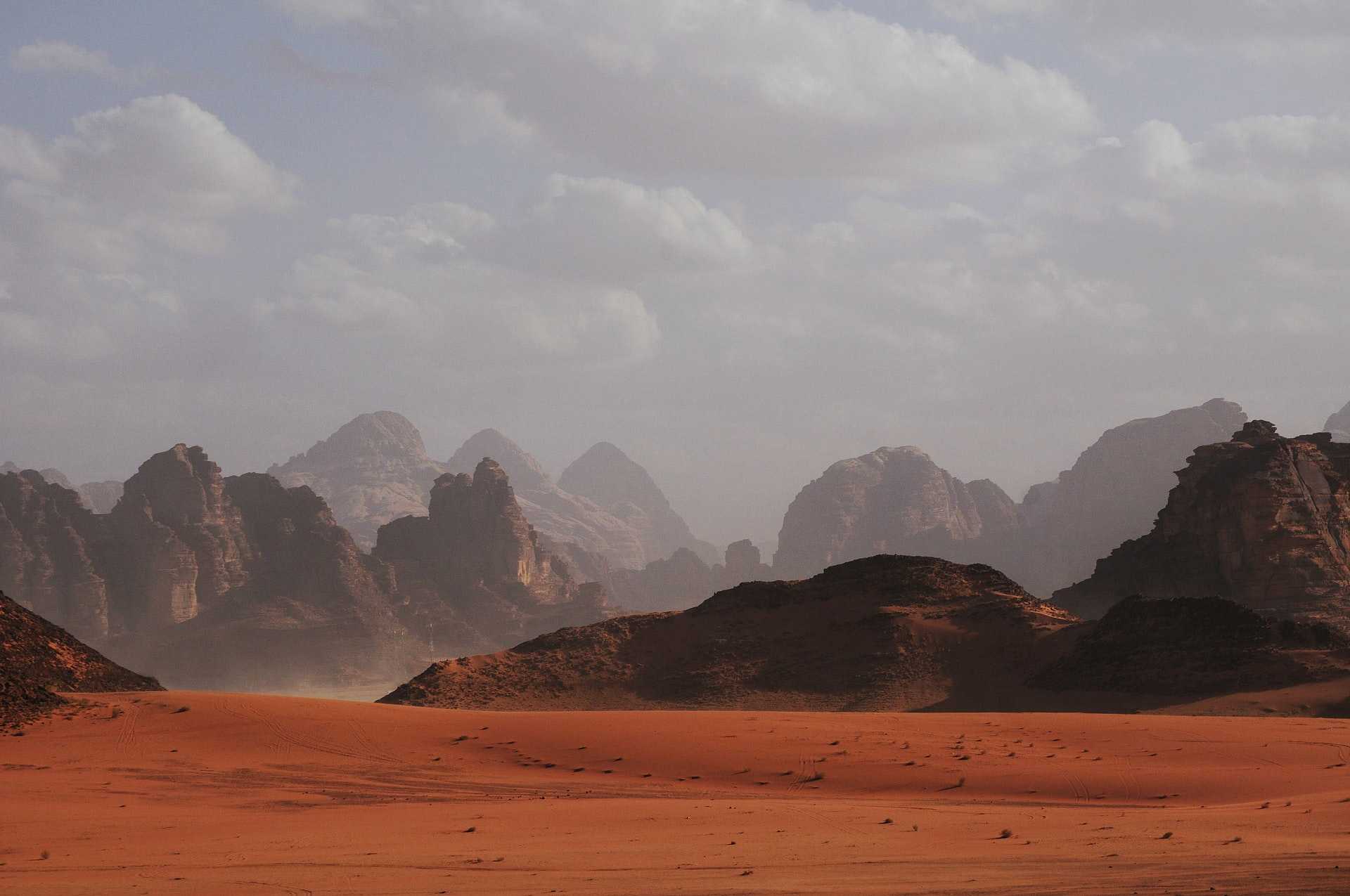 View of distant rocky peaks in the desert