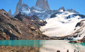 Hikers in front of a lake in El Chalten National Park