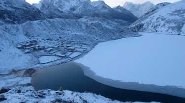 Gokyo lake covered with snow from Gokyo Ri