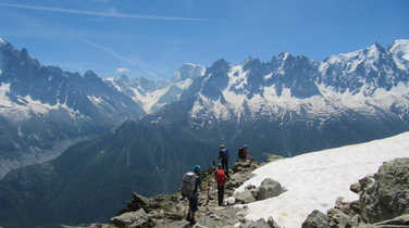 Hikers in front of the Mont Blanc massif