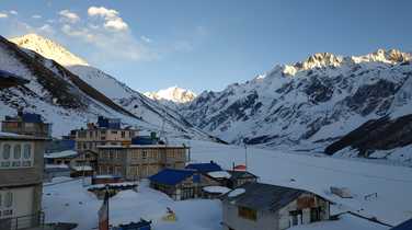 Village covered with snow in the Langtang Valley