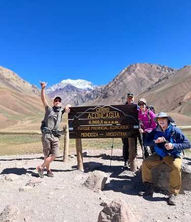 Group arrival at Aconcagua sign