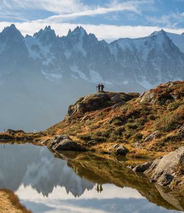Hikers near the Lac Flégère, during the Mont Blanc Tour
