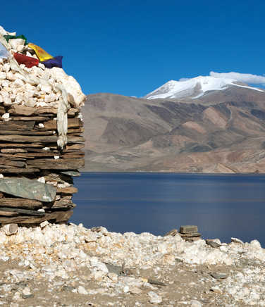 Tso Moriri Lake looking up to Chamser Kangri and Lungser Kangri