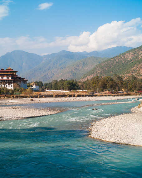 Temple overlooking the river in Punakha, Bhutan