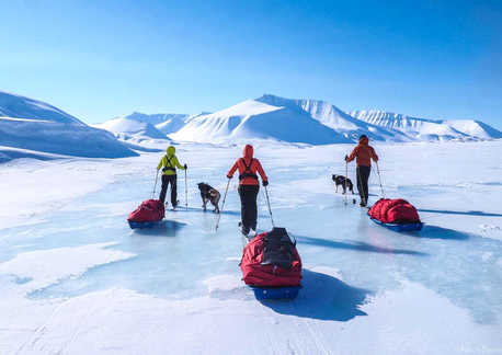 Ski Pulka on ice floe in Svalbard