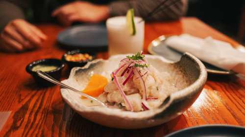 Peruvian ceviche plated at a restaurant