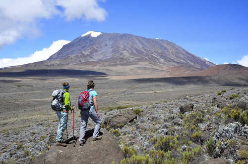 Two hikers looking at the Mount Kilimanjaro