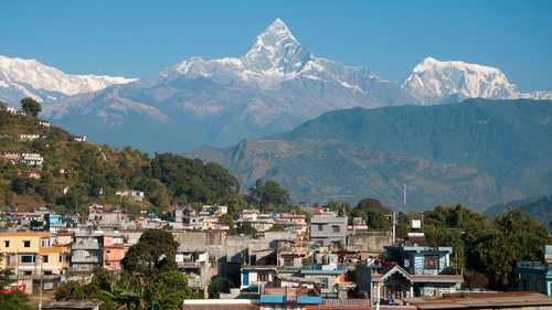 View of Pokhara with Machapuchare mountain in the background