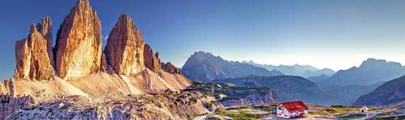 Locatelli refuge with Tre Cima di Lavaredo peaks behind