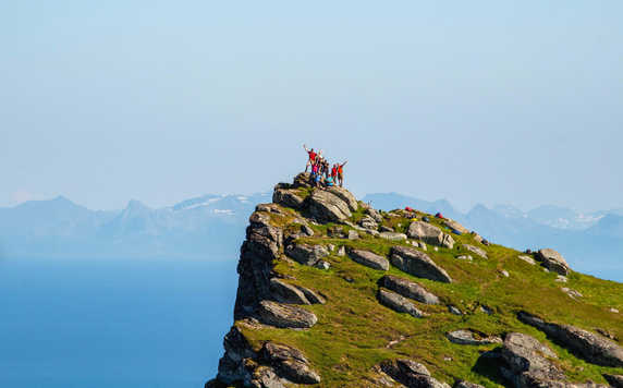 Hiking on summit of Lofoten