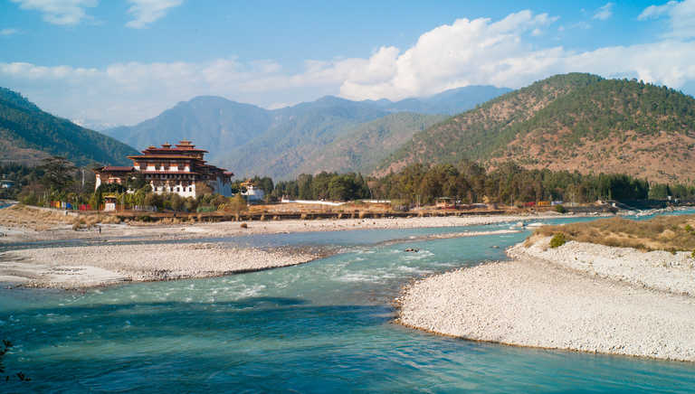 Temple overlooking the river in Punakha, Bhutan