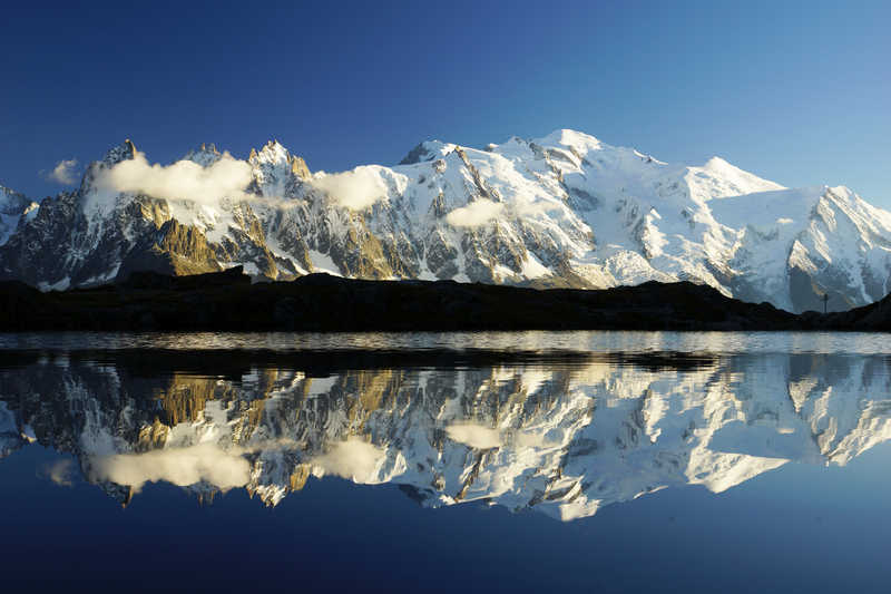Perfect reflection on the Chésery lakes in front of the Mont Blanc massif