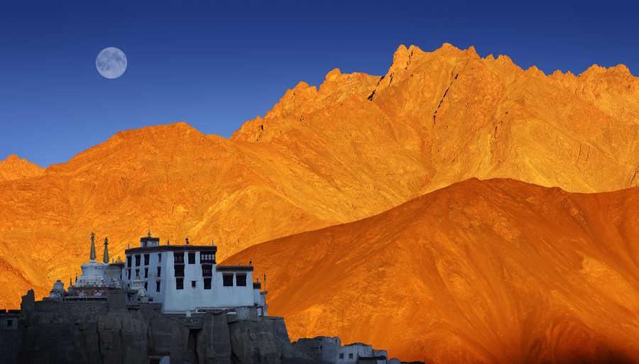 Lamayuru Buddhist monastery at sunset, Ladakh, India
